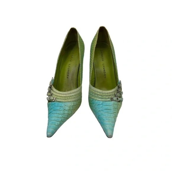 Chinese Laundry Vina Blue Lime Pointed Toe Snake Print Pumps Size 7 1/2 Women’s - Picture 3 of 9